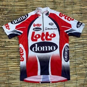 Lotto Domo Vintage‎ Cycling Jersey Red White Blue Size Large Bike Sport Summer
